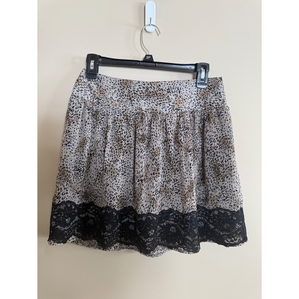Charlotte Russe Leopard Print Lace Trim Mini Skirt Tan Black Smocked Back Medium